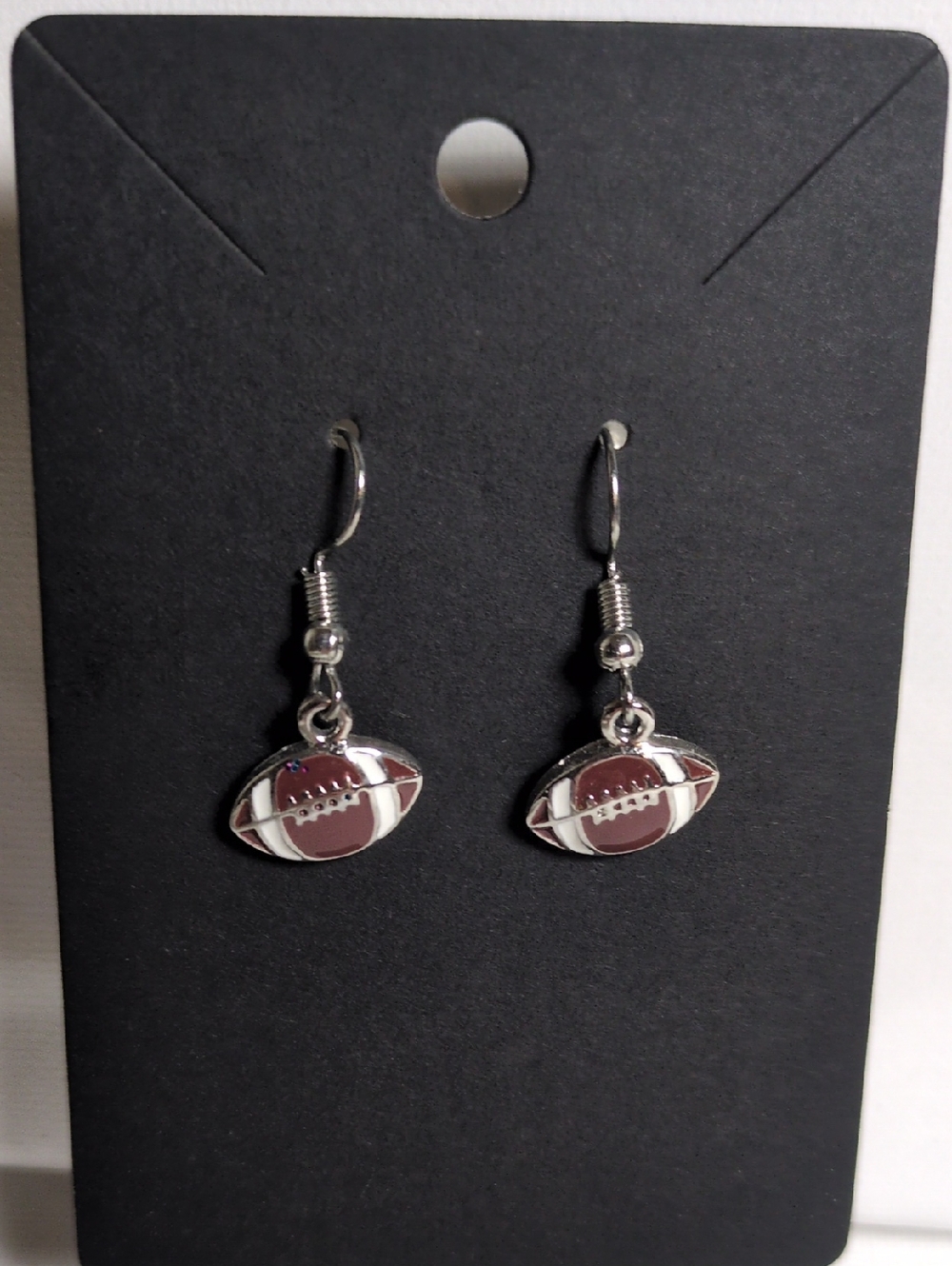 Silver Football Drop Earrings - Brown Football Design
